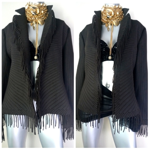 Company Ellen Tracy Open Front Fringe Chocolate Striped Cotton Blend Jacket - Picture 10 of 13